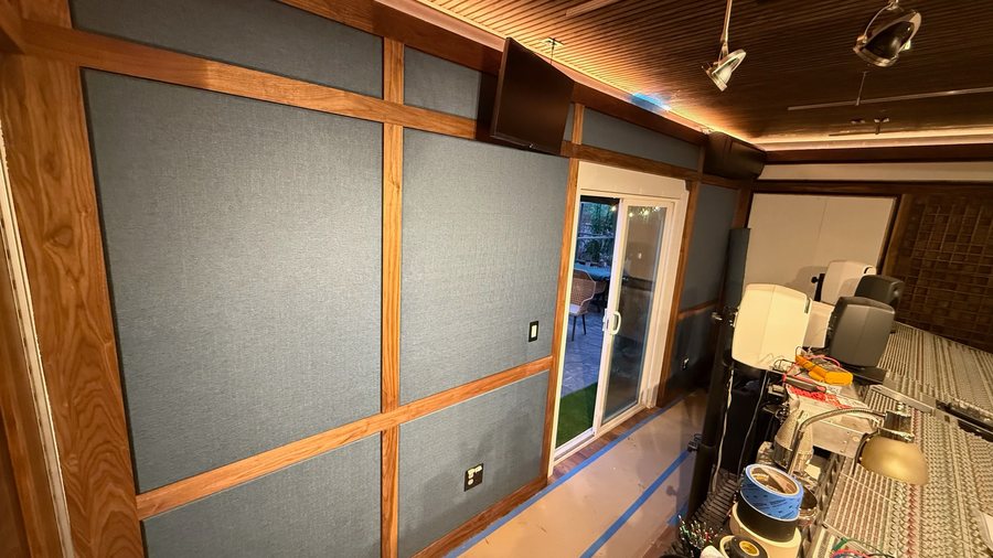 Fabric panels in walnut frames